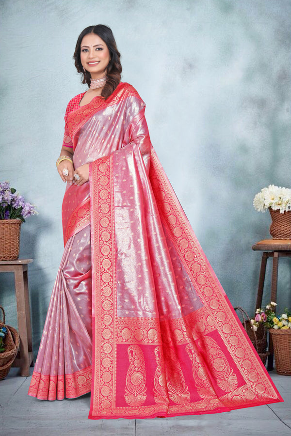 New Fantastic Wedding Wear Rani Color Tissue Fancy Designer Banarasi Silk Saree
