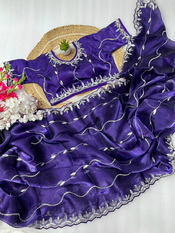 Elegant Zimmy choo Saree with Silver Embroidery and Designer Blouse