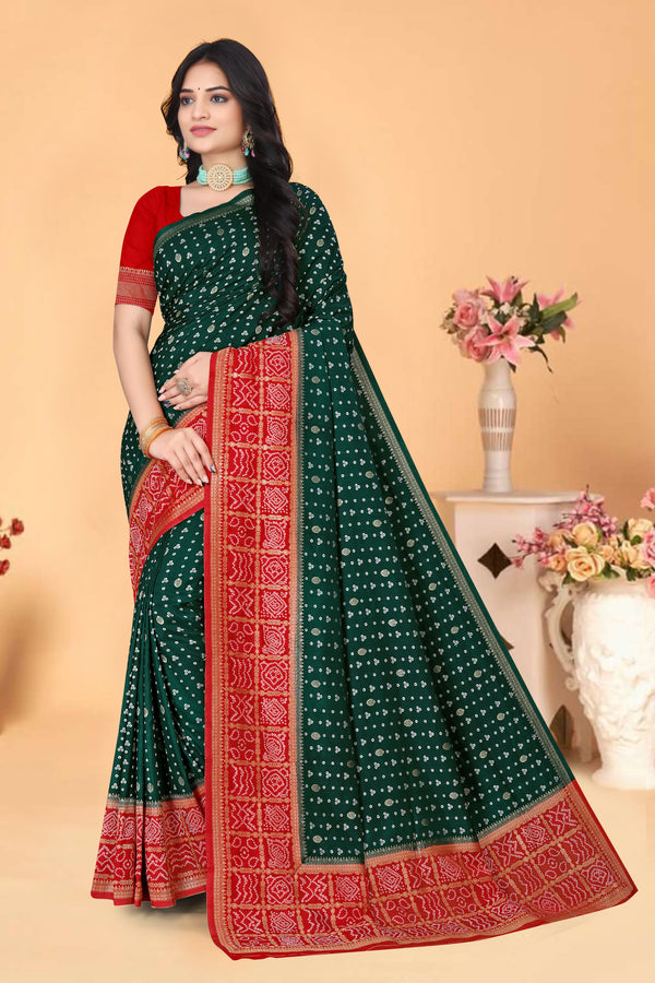 Latest Party Wear Red with Green Color Bandhani Patola Fancy Design Zari  Weaving Banarasi Silk Saree