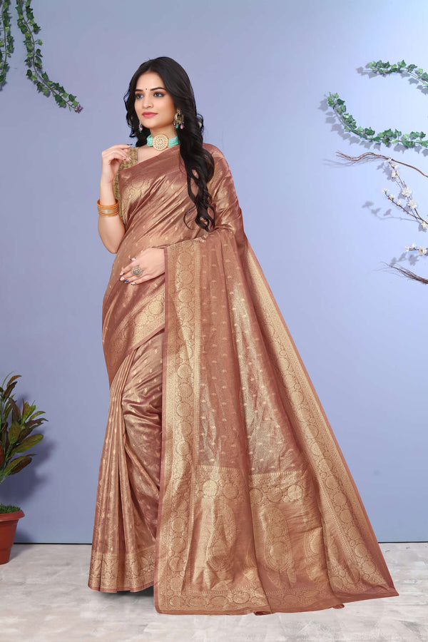 Latest Party Wear Rani Color Tissue Fancy Design Gold Zari  Weaving Silk Saree