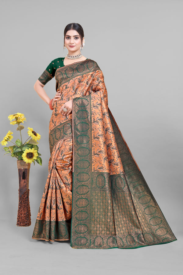 New Leaf Pattern Green with Orange Color Kanjivaram Silk Saree