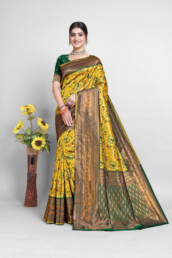 Latest Peacock Pattern Green with Mustard Color Kanjivaram Silk Saree