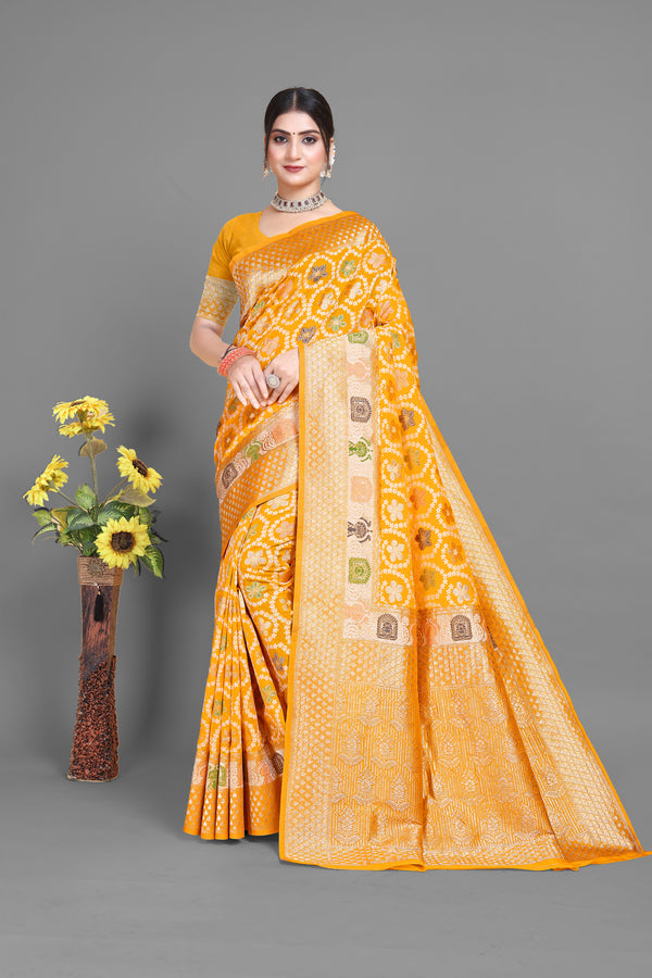 New Wedding Wear Mustard Color Fancy Design Light-weight Minakari Zari Weaving Banarasi Silk Saree
