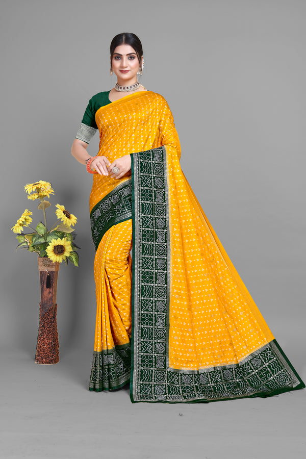 Latest Party Wear Green with Mastard Color Bandhani Patola Fancy Design Zari  Weaving Banarasi Silk Saree