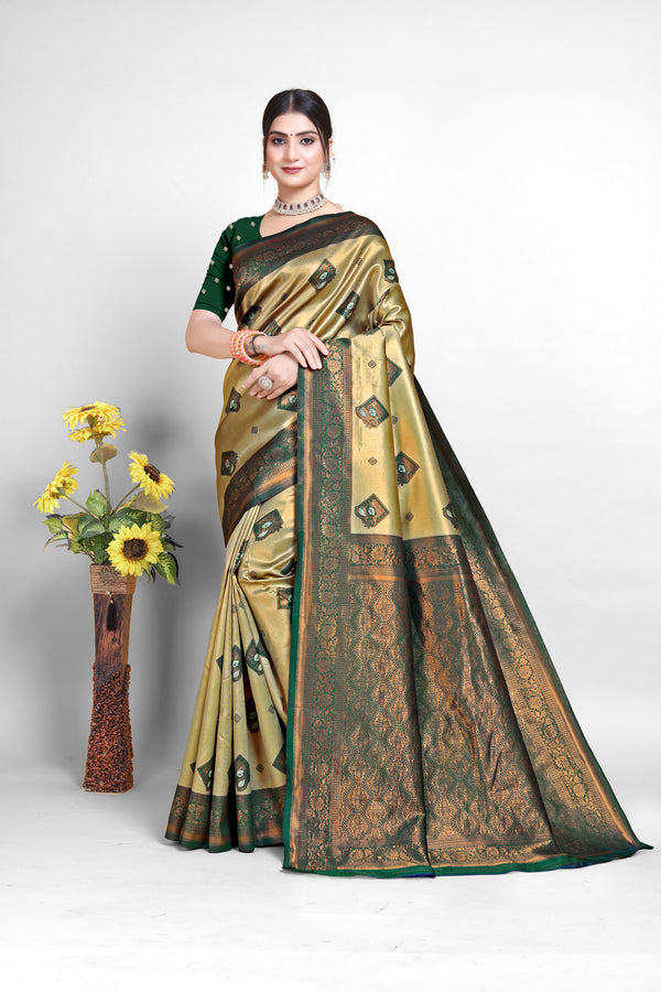 Fancy Chex Pattern Green with Pista Color Kanjivaram Silk Saree