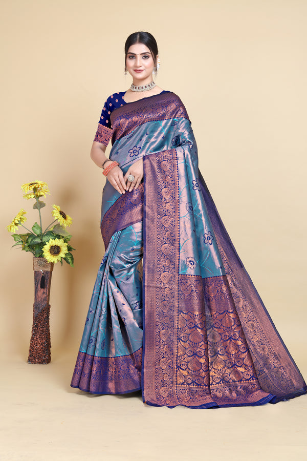 New Flower Pattern Blue with Sky Color Kanjivaram Silk Saree
