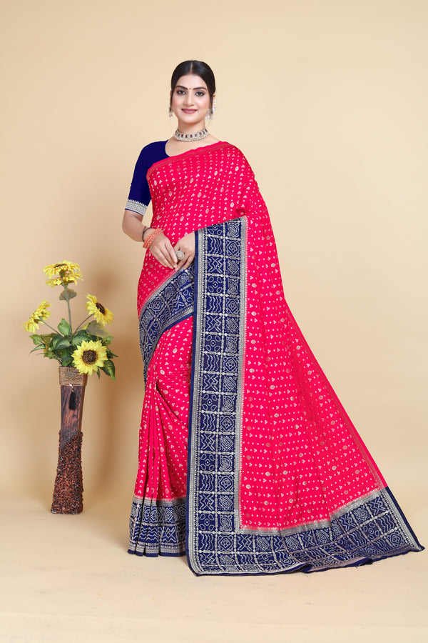 Latest Party Wear Navy Blue with Rani Color Bandhani Patola Fancy Design Zari  Weaving Banarasi Silk Saree