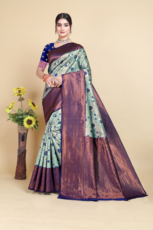 Latest Lotus with Flower Blue with Pista Color Kanjivaram Silk Saree