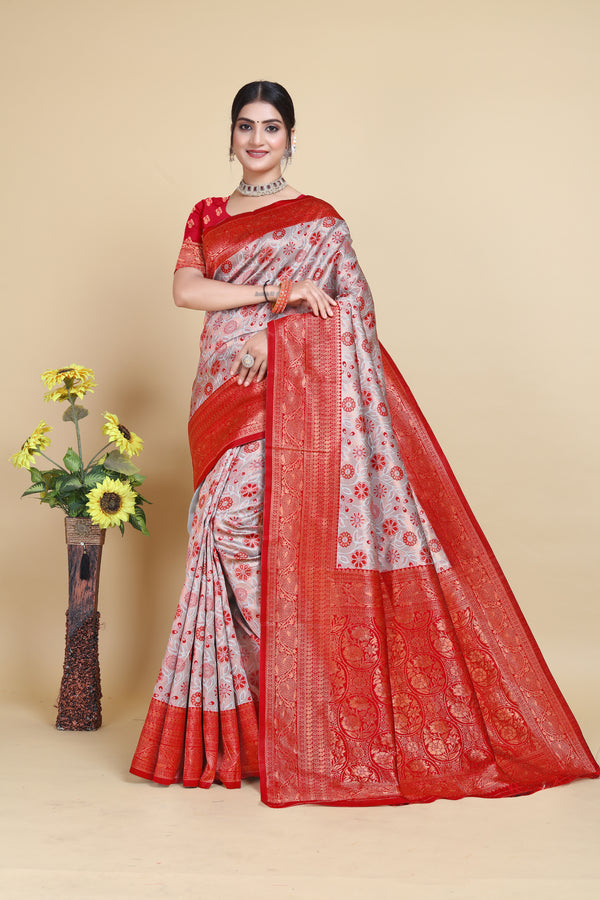 New Flower Butta  Red with Chiku Color Kanjivaram Silk Saree