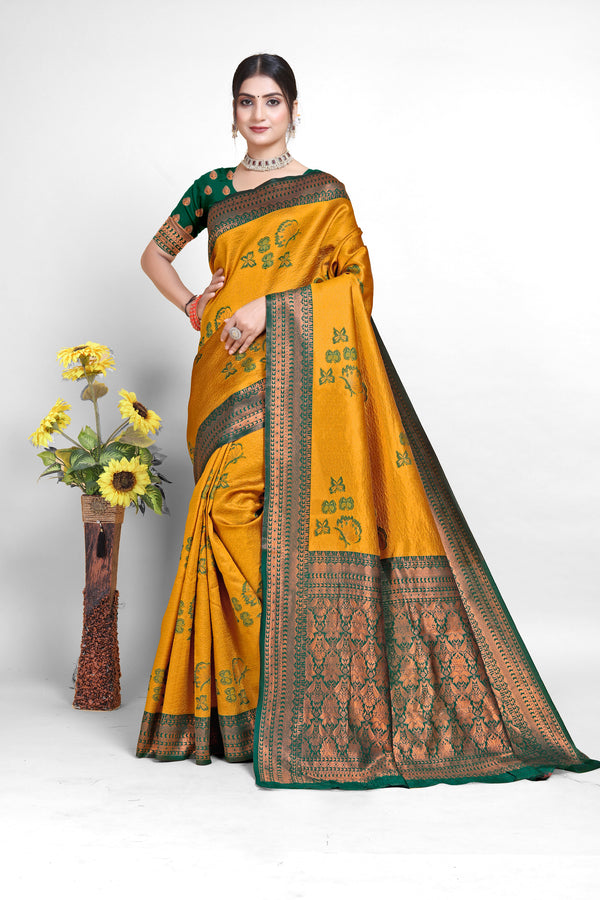 New Butterfly Pattern Green with Mustard Color Kanjivaram Silk Saree