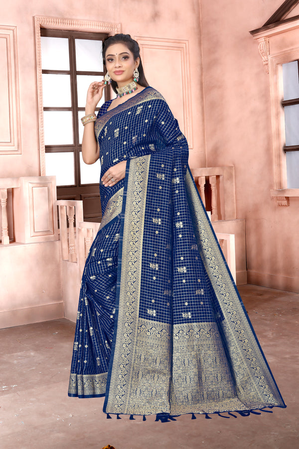 New Bridal Wear Navy Blue Color Chex Pattern Fancy Designer Zari  Weaving Banarasi Silk Saree