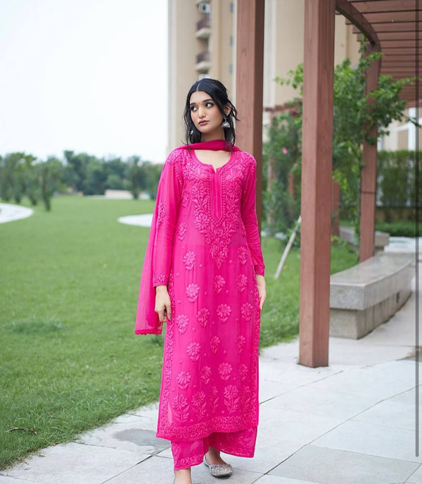 Designer Wear Rani Color Exclusive Georgette with Embroidery Suit with Dupatta