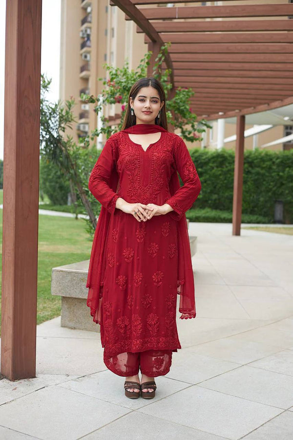 Designer Wear Red Color Exclusive Georgette with Embroidery Suit with Dupatta