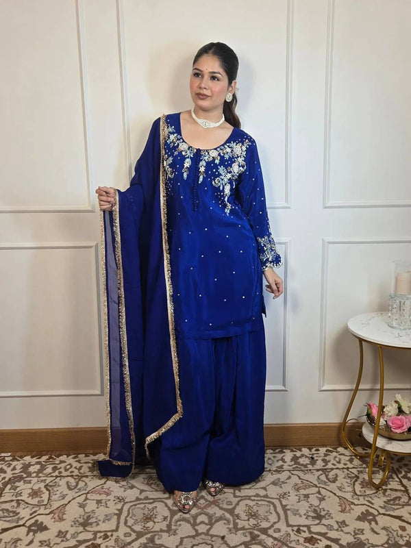Designer and Most Trending Blue Color Farsi Salwar Suit in Three Piece with Embroidery Work