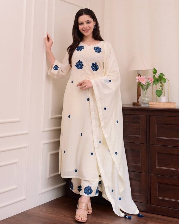 Designer Wear Exclusive Suit in Embroidered Roman Silk Fabric Top and Pant with Dupatta Pair