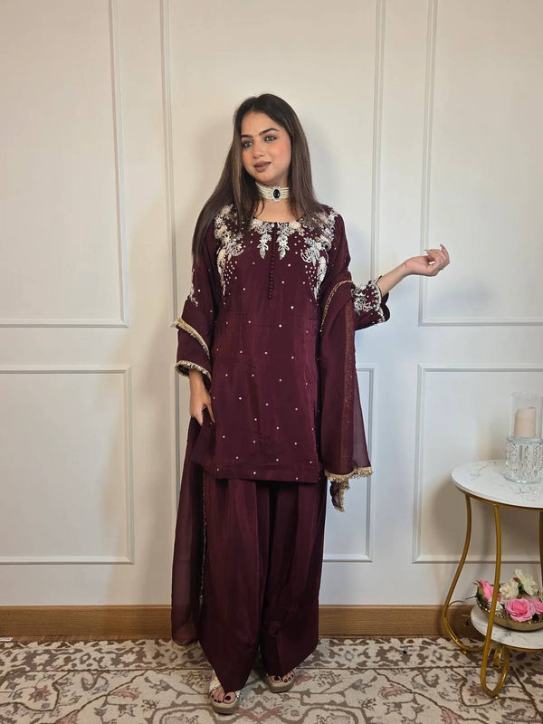 Designer and Most Trending Maroon Color Farsi Salwar Suit in Three Piece with Embroidery Work