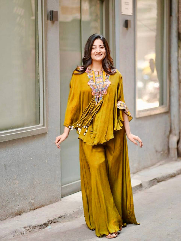 New Trendy Mustard Color Three Piece Indo Western with Sequence Embroidered Work