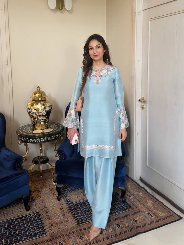 Designer and Most Trending Skyblue Color Farsi Salwar Suit in Three Piece with Embroidery Work